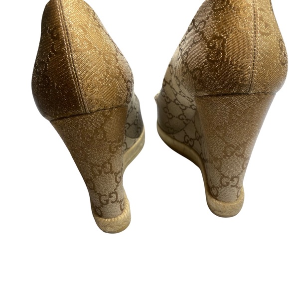 Gucci GG Canvas Charlotte Horsebit Wedge Espadrille Peep Toe Pumps Size EU 39 - Picture 5 of 11